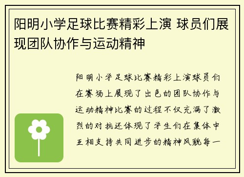 阳明小学足球比赛精彩上演 球员们展现团队协作与运动精神
