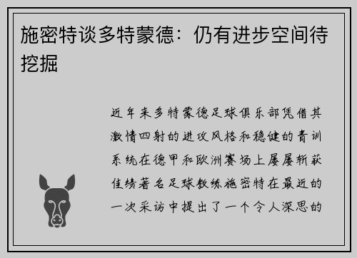 施密特谈多特蒙德：仍有进步空间待挖掘