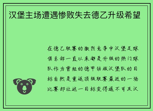 汉堡主场遭遇惨败失去德乙升级希望