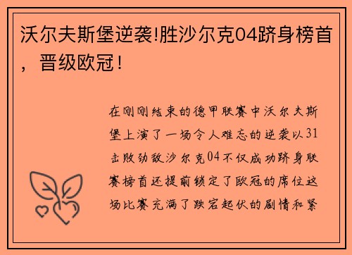 沃尔夫斯堡逆袭!胜沙尔克04跻身榜首，晋级欧冠！