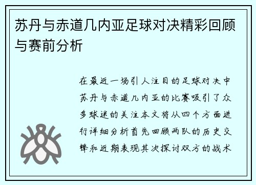 苏丹与赤道几内亚足球对决精彩回顾与赛前分析