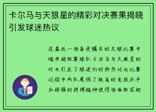 卡尔马与天狼星的精彩对决赛果揭晓引发球迷热议