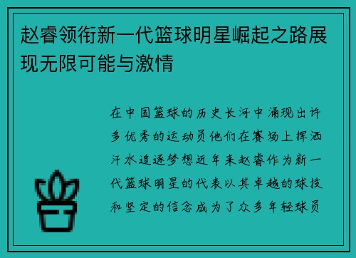 赵睿领衔新一代篮球明星崛起之路展现无限可能与激情