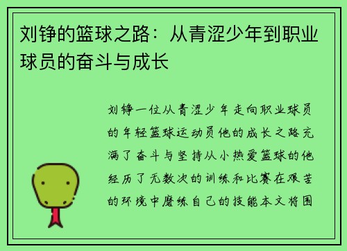 刘铮的篮球之路：从青涩少年到职业球员的奋斗与成长