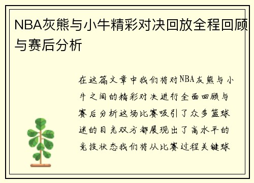 NBA灰熊与小牛精彩对决回放全程回顾与赛后分析